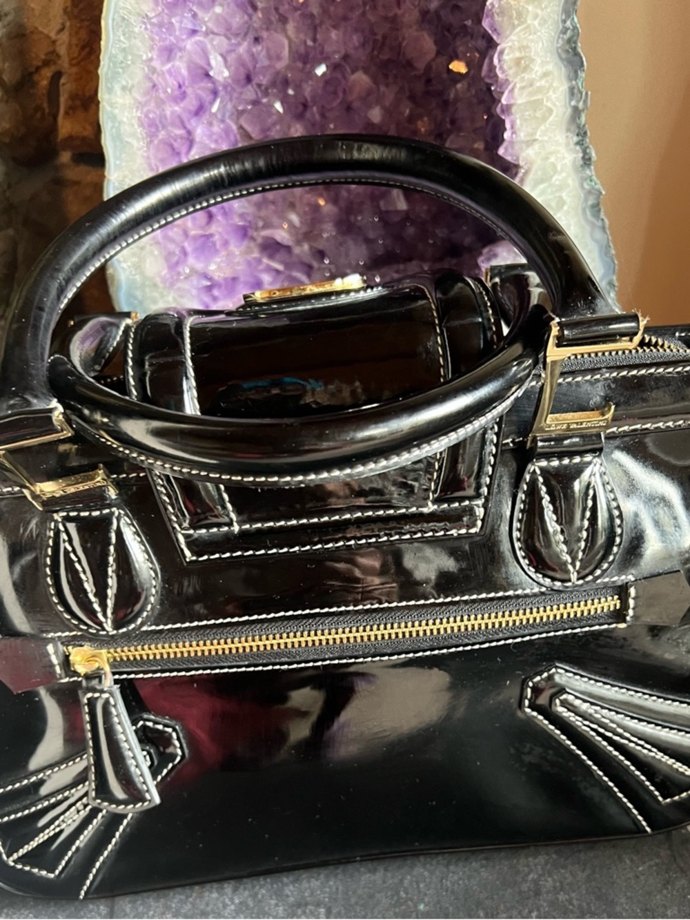 Black Patent Women's Satchel Bag with Gold Hardware - Picture 3 of 15